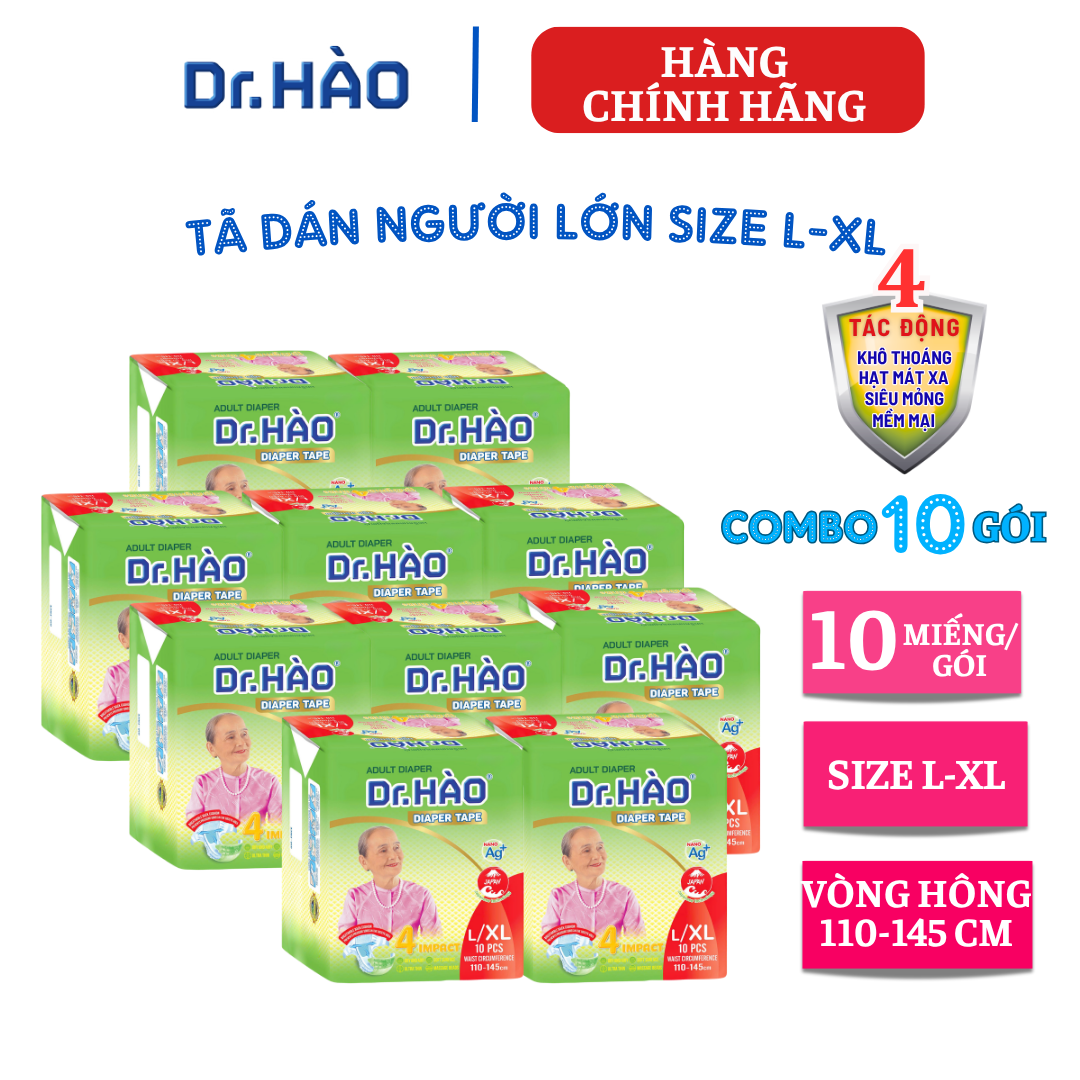 {Hàng chính hãng} Tã dán người lớn Dr. HÀO size L/XL gói 10 miếng (Combo 10 gói), bỉm dán người già siêu thấm hút, kháng khuẩn, khử mùi, chống hăm, tả giấy người bệnh dùng một lần