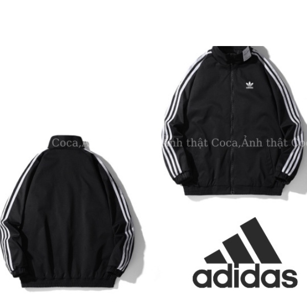 Áo khoác thể thao nam nữ 3 sọc trắng cổ cao màu đen adidas cao cấp thun poly