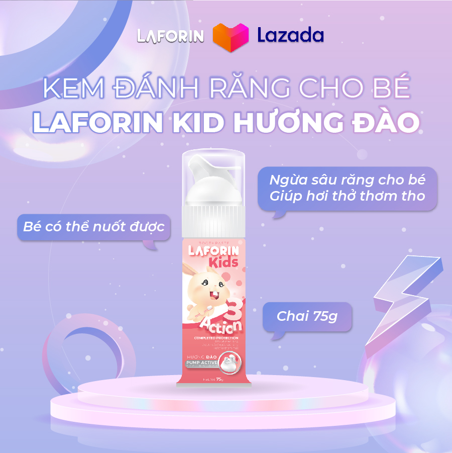 Kem đánh răng cho bé Laforin Kids cho trẻ em từ 2 tuổi nuốt được 75g vị đào