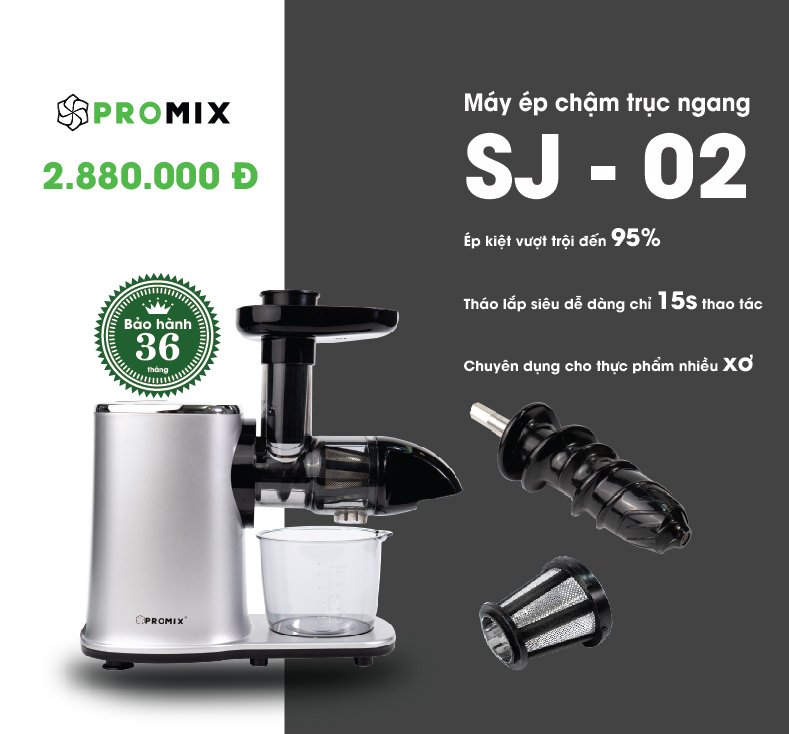 Máy ép chậm trục ngang Promix SJ-02 - Ép Là Kiệt Ép rau siêu nhàn, không lo kẹt máy