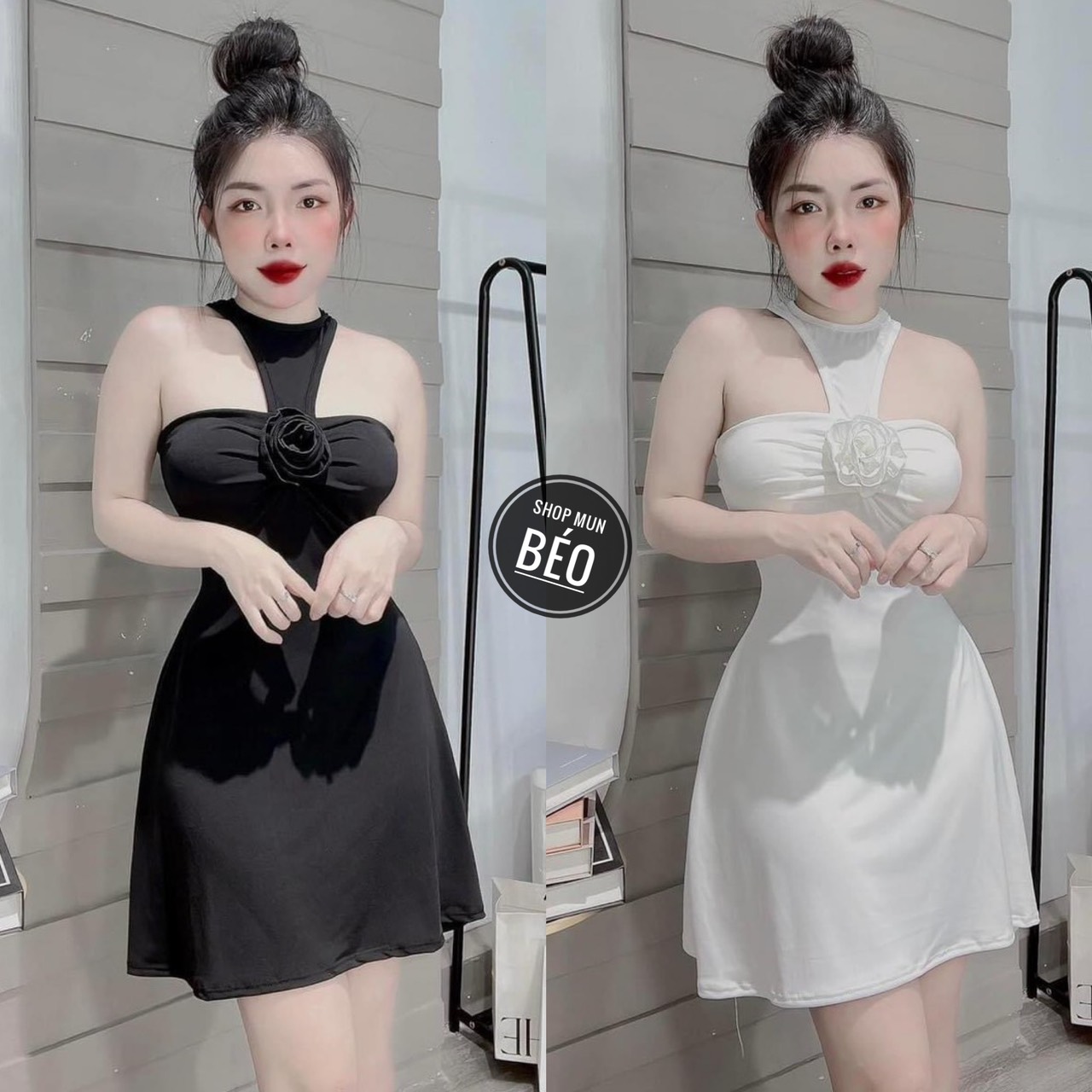 Đầm body cổ tròn hở vai hoa ngực phom ngắn có mút chất thun borip thích hợp mặc đi tiệc đi làm đi chơi