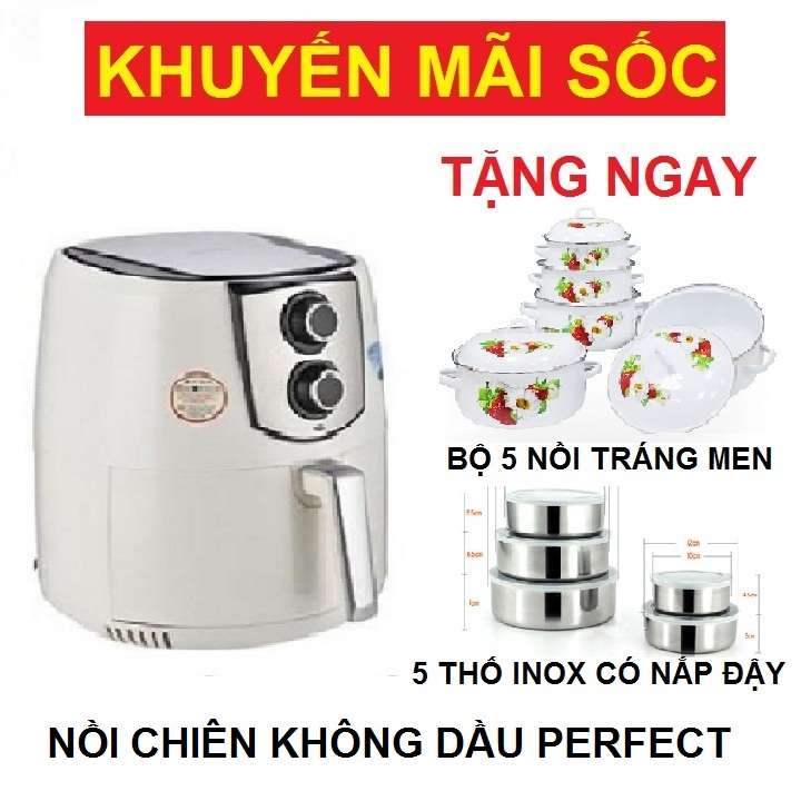 [HCM]NỒI CHIÊN KHÔNG DẦU PERFECT USA 5 LÍT TẶNG BỘ 5 NỒI TRÁNG MEN VÀ BỘ 5 THỐ INOX CÓ NĂP ĐẬY