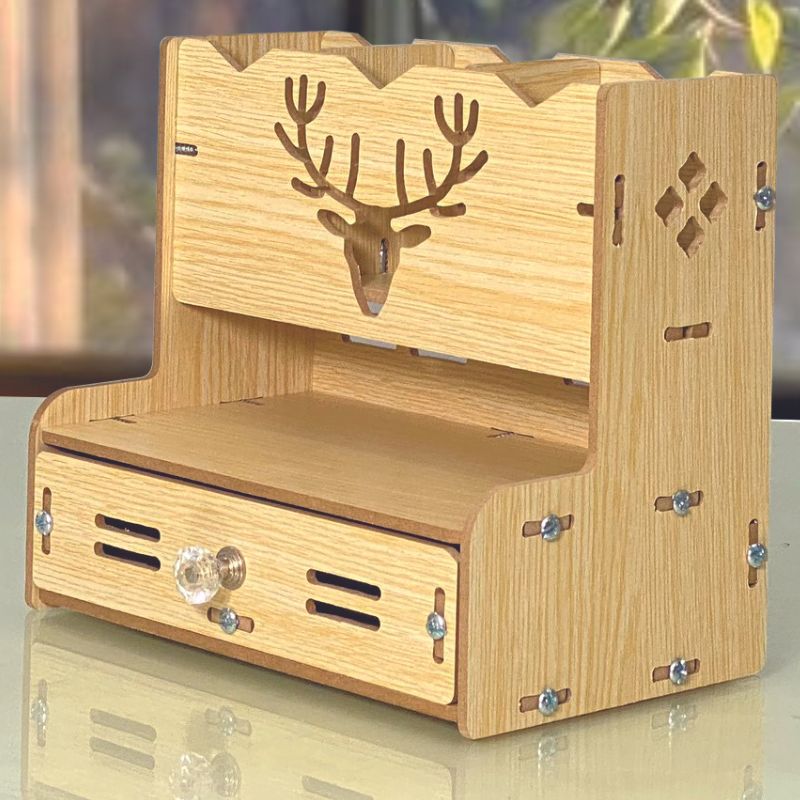 Kệ bút để bàn, kệ hồ sơ dụng cụ văn phòng, kệ điện thoại máy tính đa năng bằng gỗ HV12 - Tặng kèm 1 Flashcard Khoen Bìa - Gỗ Sáng