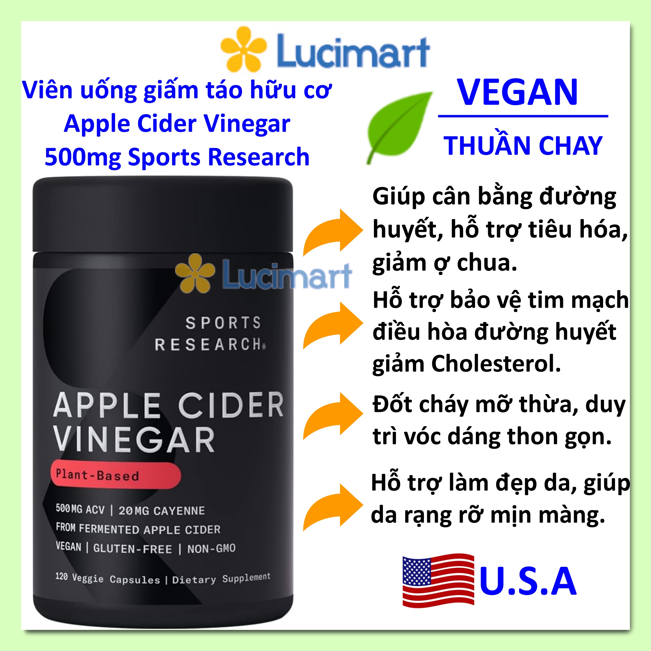 Viên uống giấm táo hữu cơ Apple Cider Vinegar 500mg Sports Research thuần chay [Hàng Mỹ]