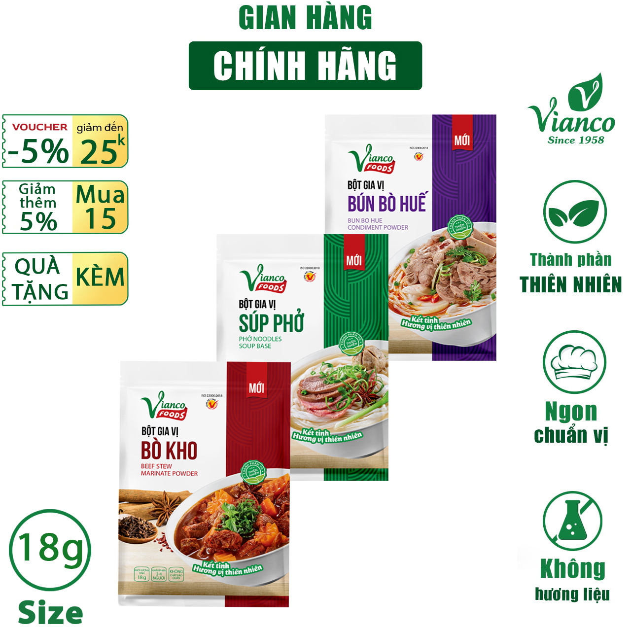 Gia vị nấu Bò Kho, Phở, Bún Bò Huế gói 18g Vianco gia vị nêm sẵn chuẩn vị không cần nêm nếm - Gia vị Việt Ấn