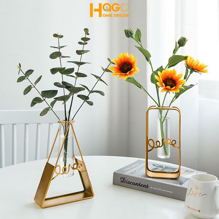Lọ hoa hình khối khung thép mạ vàng kèm lọ thủy tinh phong cách Bắc Âu hiện đại, lọ hoa trang trí, decor nội thất sang trọng