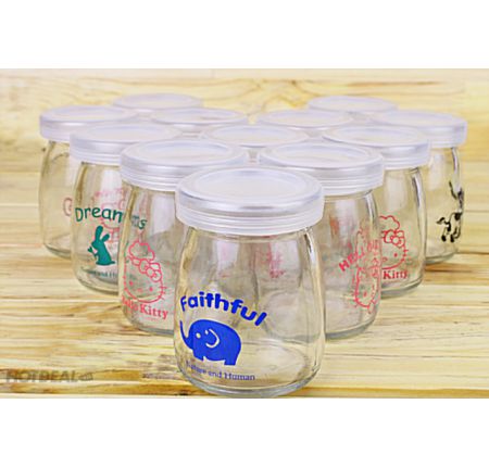 Combo 12 hũ thủy tinh đựng sữa chua cao cấp có nắp an toàn - Cốc thủy tinh làm sữa chua in hình ngộ nghĩnh