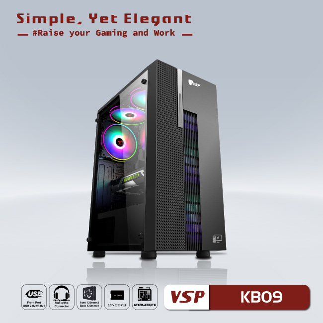 Vỏ case vsp - esport gaming kb09 kính hông cường lực - màu đen