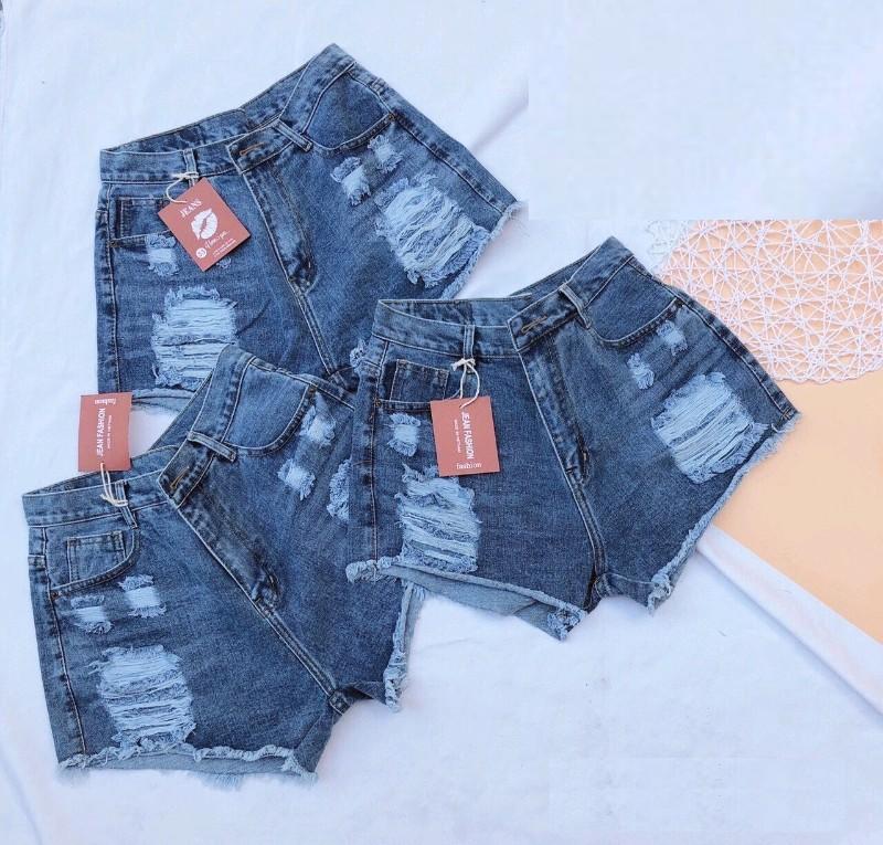 Quần short jean lưng cao mặc tôn dáng chất liệu jean co dãn nhẹ phối tưa lai was rách