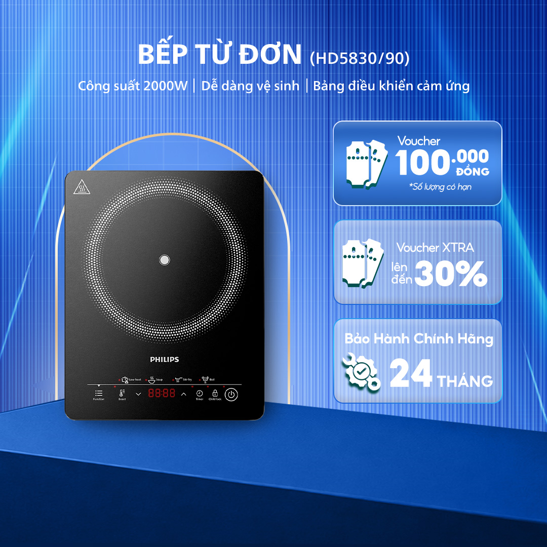 Bếp điện từ Philips HD5830/90 - Công suất 2000W - Điều khiển cảm ứng - Bảo hành 24 tháng