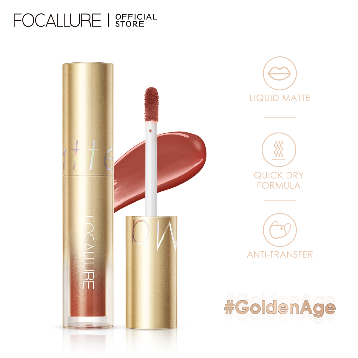 FOCALLURE Son môi GoldenAge dạng lỏng chống thấm nước nhanh khô không dính giữ màu tốt lâu phai - INTL