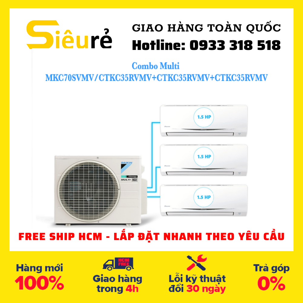 Hệ thống máy lạnh multi s daikin inverter combo mkc70svmv/ctkc35rvmv+ctkc35rvmv+ctkc35rvmv gas r32 treo tường 1 chiều lạnh - điện máy siêu rẻ
