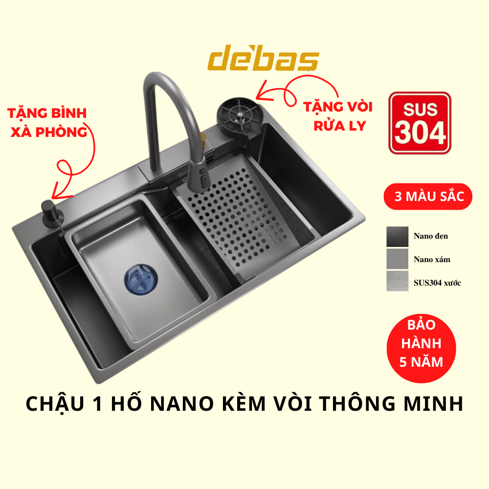 Chậu rửa bát inox 304 1 hố to kèm vòi dải nước thác nước cao cấp thông minh Debas 7545 7846