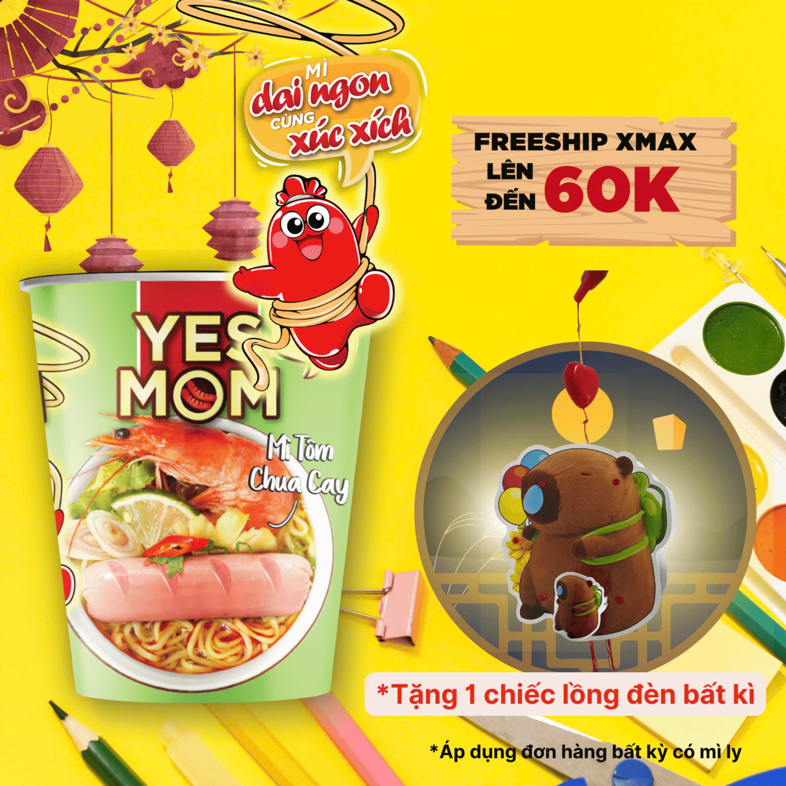 Thùng 24 ly Mì Tôm Chua Cay Yes Mom Có Xúc Xích 76g/ly