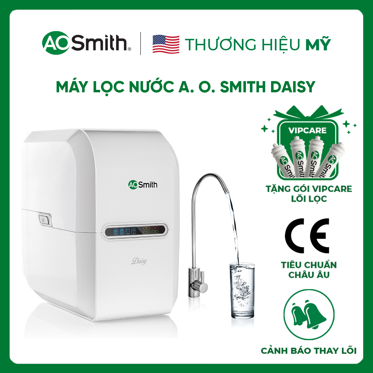 Máy Lọc Nước A. O. Smith Daisy - Tặng gói VipCare lõi lọc - Công Suất Lọc 12 lít/h - Cảnh báo thay lõi - Sục Rửa Tự Động - Bảo Hành 12 Tháng