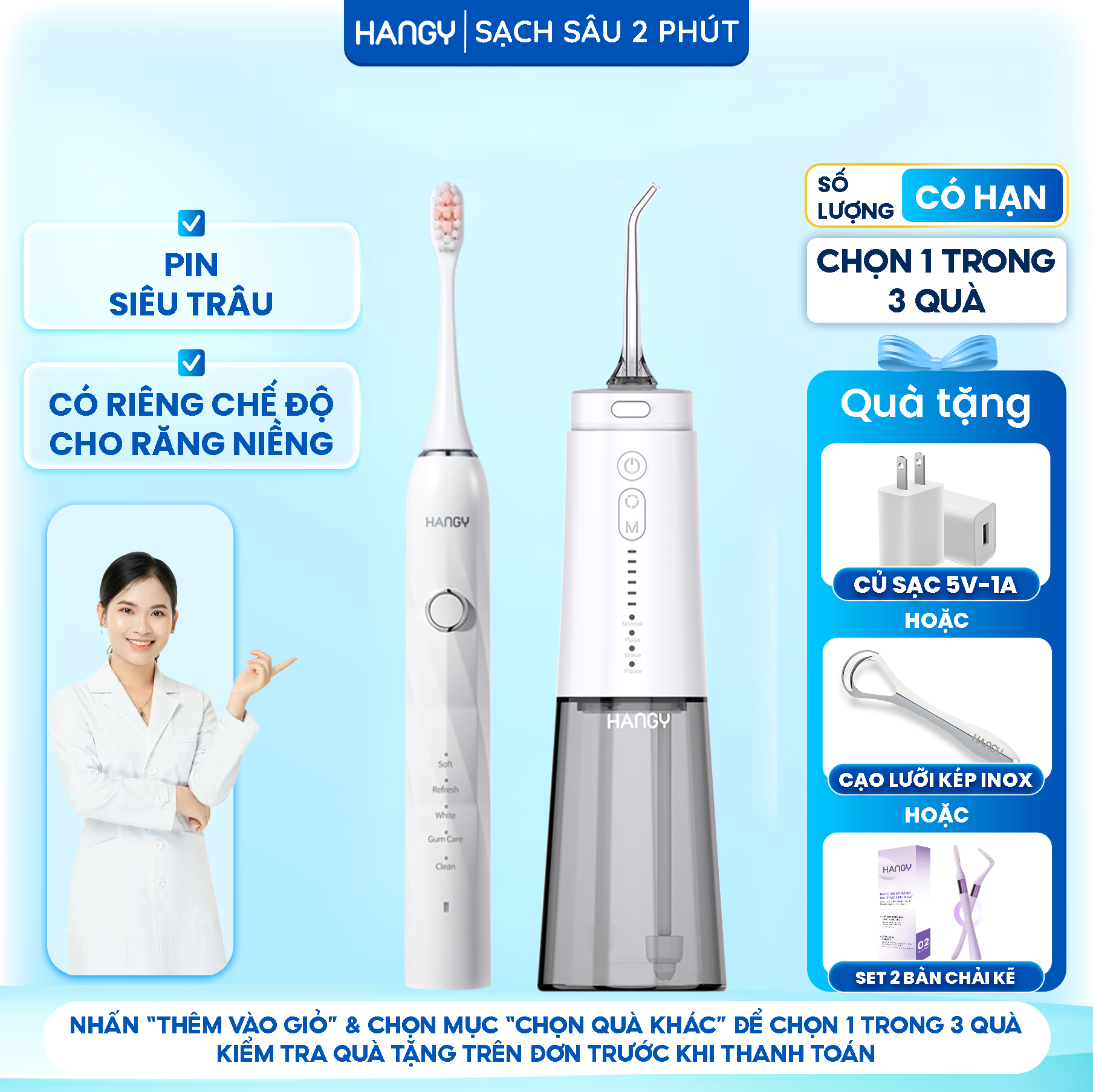   Combo  Máy tăm nước siêu âm Hangy HG23 và Bàn chải điện HY23PRO siêu sóng âm thông minh 