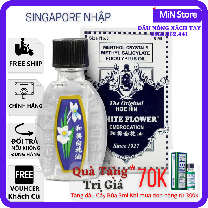 5ml Dầu Gió Trắng Bạch Hoa HONGKONG Nhập Singapore Chính Hãng Hoe Hin White Flower Embrocation Oil Pak Fah Yeow