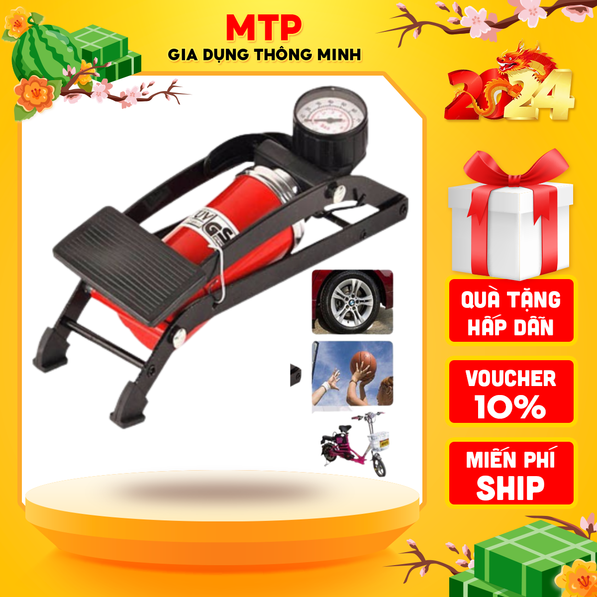 Bơm xe máy đạp chân, Bơm hơi đạp chân, Bơm lốp xe máy đa năng, Có đồng hồ đo số cân