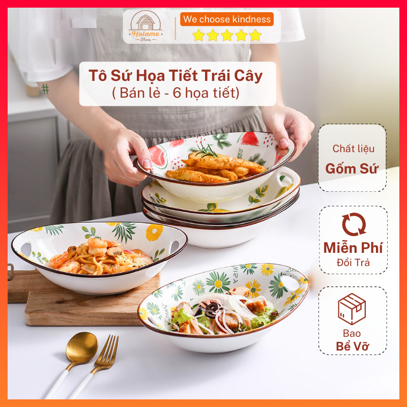 Bát sứ, tô sứ hình thoi 22.5cm họa tiết hoa quả - Đĩa decor phụ kiện bàn ăn sang trọng