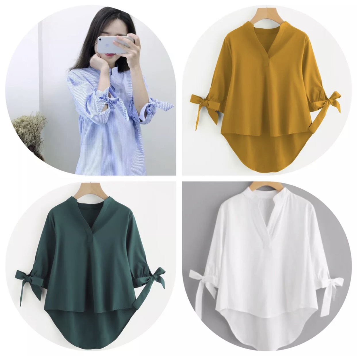 Áo sơmi tay lỡ cột nơ cổ trụ- ap083