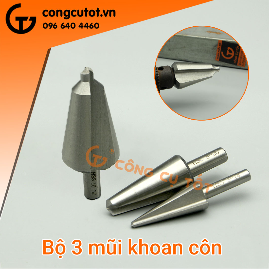 Bộ 3 mũi khoan côn 4-32mm chuôi tròn thép gió HSS
