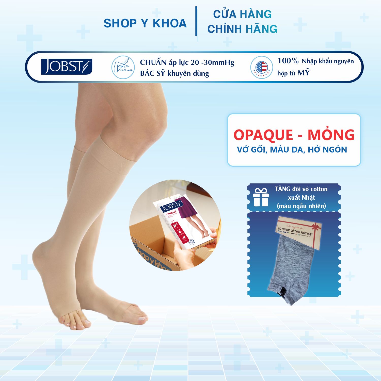 [CÓ QUÀ TẶNG] Vớ Y Khoa JOBST Opaque Gối, Màu Da, Hở Ngón, Suy Giãn Tĩnh Mạch, Áp Lực 20-30mmHg (Tất Y Khoa)
