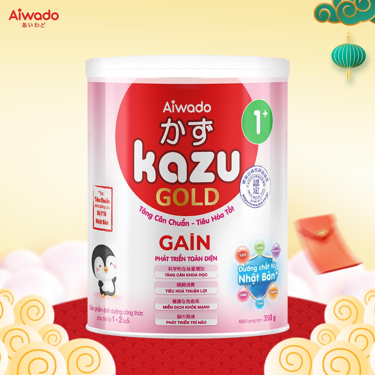 Sữa bột Aiwado KAZU GAIN GOLD 1+ 350g (12 - 24 tháng) - Tinh tuý dưỡng chất Nhật Bản