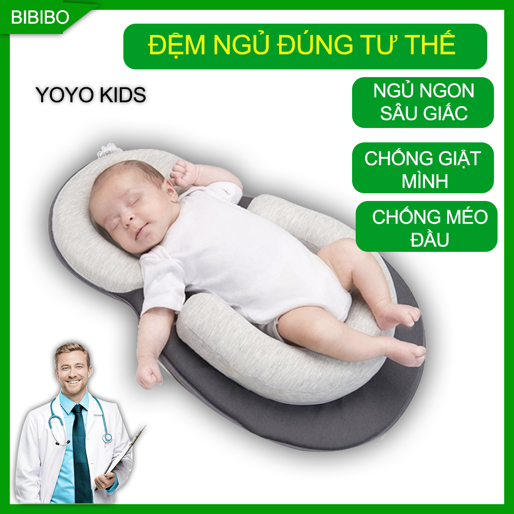 Đệm cho bé sơ sinh AKITA YOYO KIDS giúp bé ngủ ngon giấc, sâu giấc và chống bẹp đầu cho trẻ, đệm cho bé thông thoáng, thấm hút mồ hôi, chống trào ngược ở trẻ, sản phẩm chính hãng, đổi mới nếu có lỗi nhà xản xuất - Shop Bibibo
