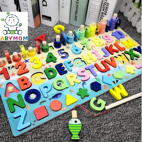 Bảng học chữ cái, đếm các chữ số, 10 bậc thang, thả hình kèm câu cá 5 in 1 đồ chơi bằng gỗ