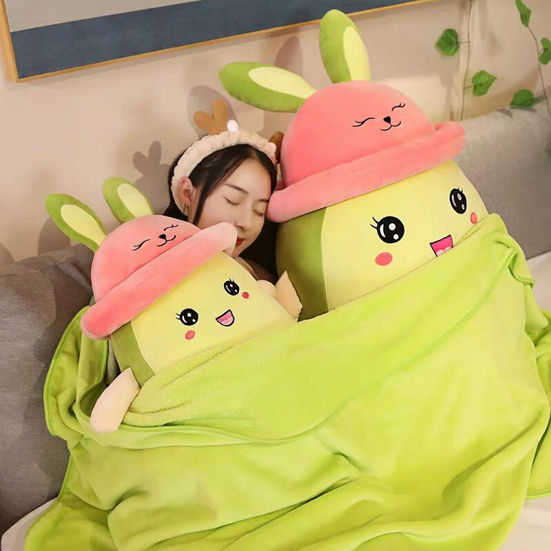 Gối mền quả bơ đội nón tai thỏ 3in1 cao cấp kèm mền, gấu bông con thỏ có mền 1m7. kích thước 50cm