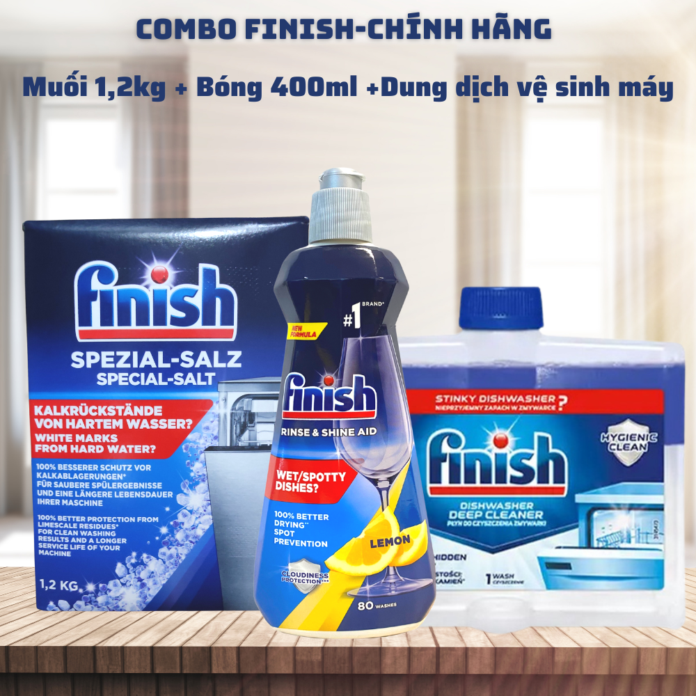Combo rửa bát Finish: Dung dịch vệ sinh 250ml, Muối 1.5kg, Bóng 400ml - chuyên dùng cho máy rửa bát.