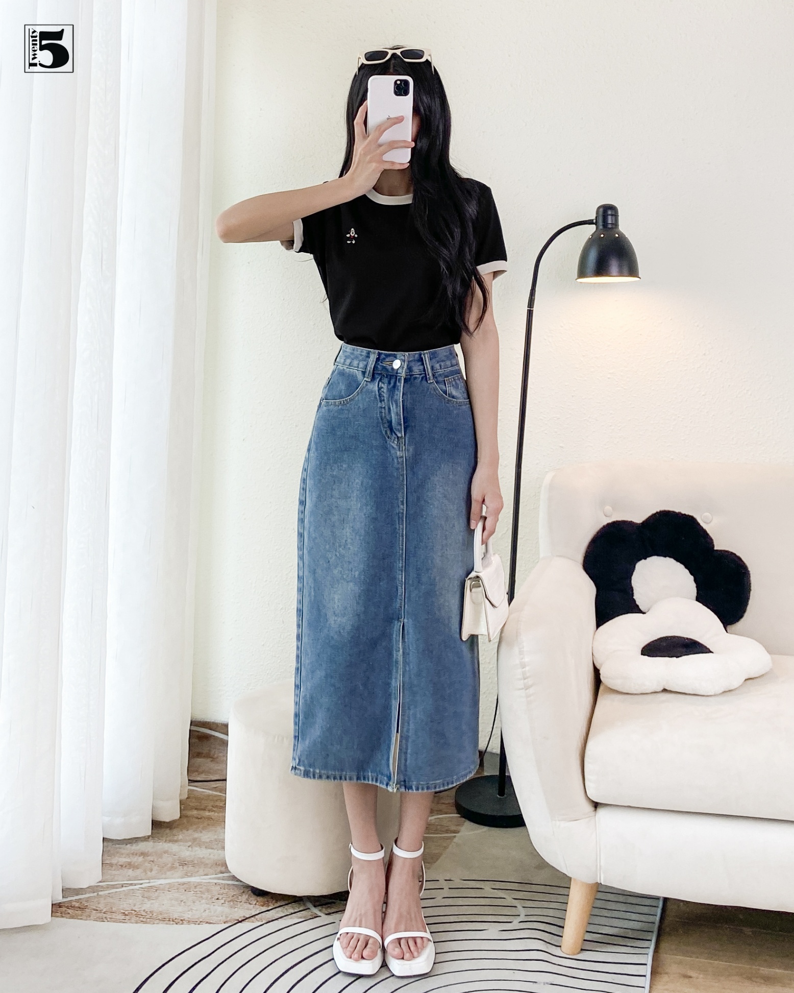 Chân váy jeans dáng dài, xẻ trước, 2 túi Twenty.Five 5816