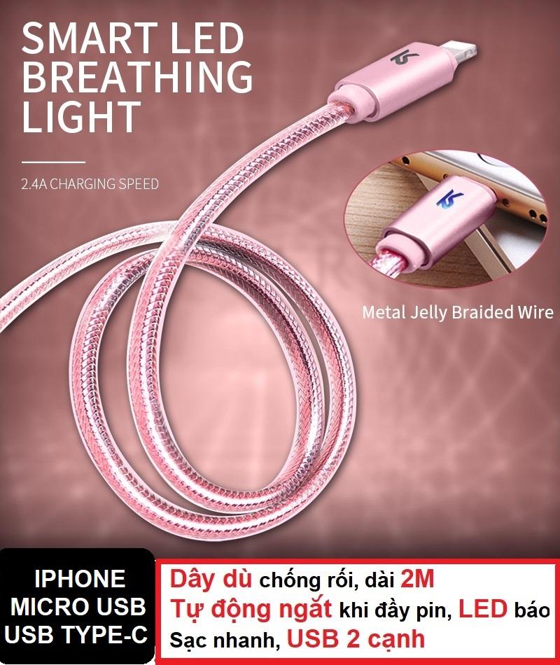 [HCM]Cáp sạc nhanh tự ngắt khi đầy pin KAKU cổng Lightning - Micro USB - USB Type C - Dây dù 2m - Sạc nhanh - LED báo sạc - USB 2 cạnh - Sạc qua đêm chống chai pin sạc thông minh sạc điện tự ngắ