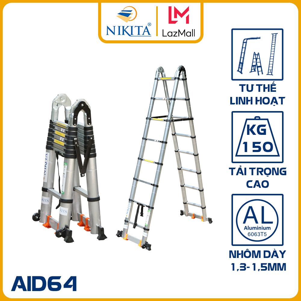 [Trả góp 0%] Thang Rút Nhôm Đa Năng 6 Mét 4 Có Bánh Xe - Tiêu chuẩn Châu Âu - Chính hãng NIKITA - AID64