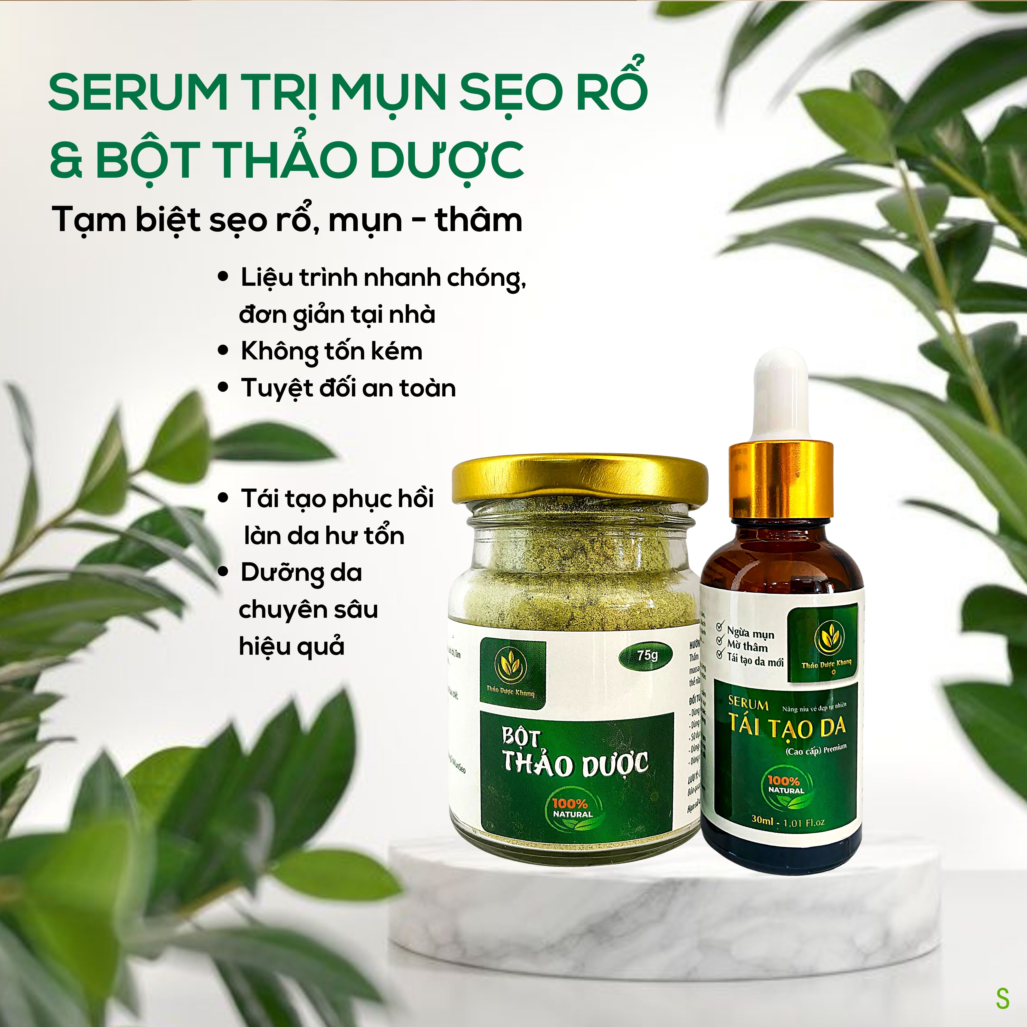Combo Thảo Dược Khang gồm Serum đánh bay vết thâm sẹo rỗ 30ml + Bột thảo dược hàng chính hãng