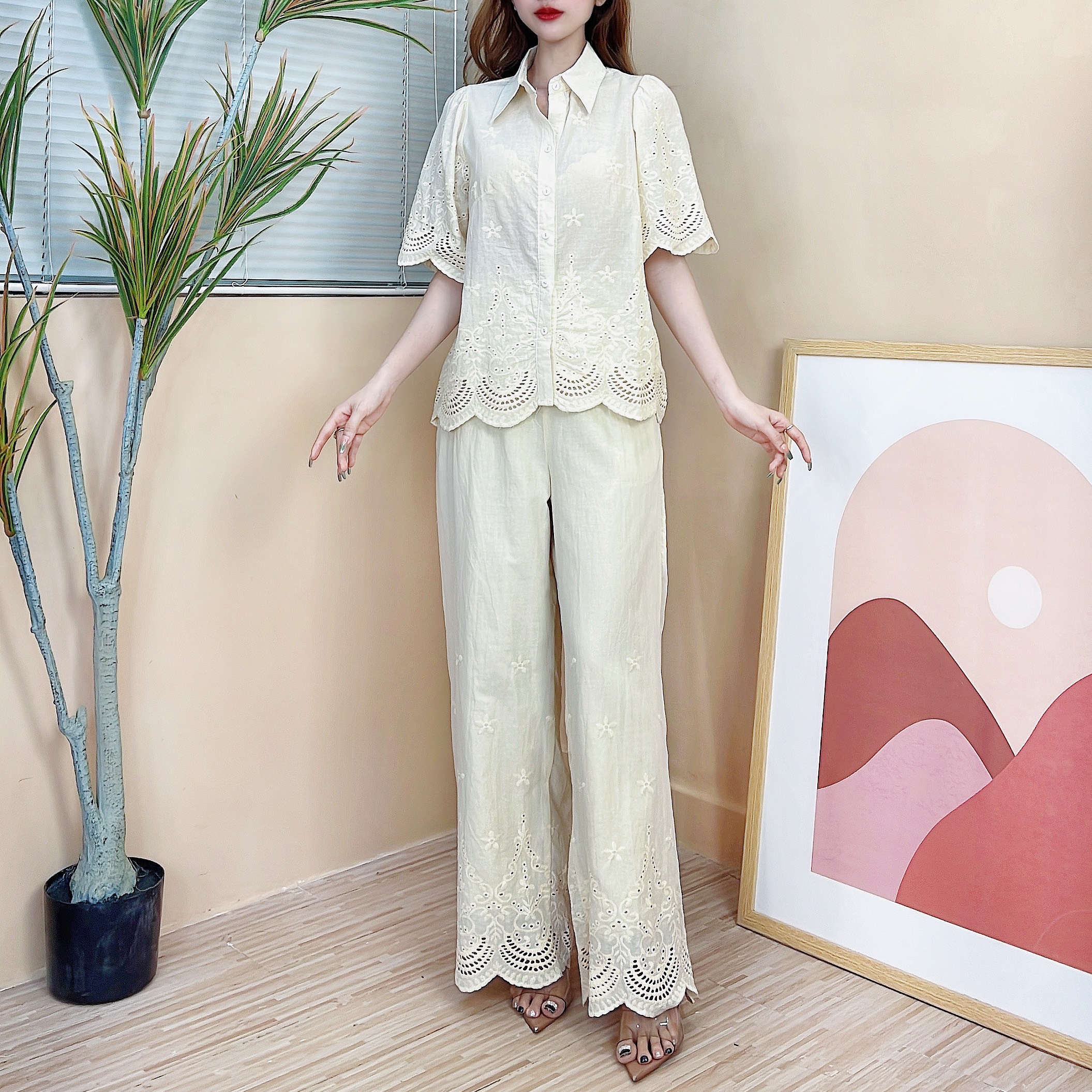 Set ren boi thêu nữ áo sơ mi tay lỡ kèm quần dài ống suông MIMIX CU1270
