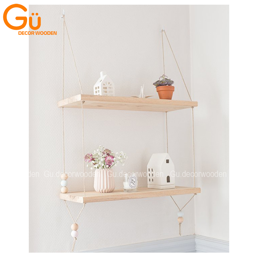 Kệ gỗ treo tường, giá gỗ gắn tường kèm dây thừng - Gu Decor Wooden Trang Trí Nhà Cửa