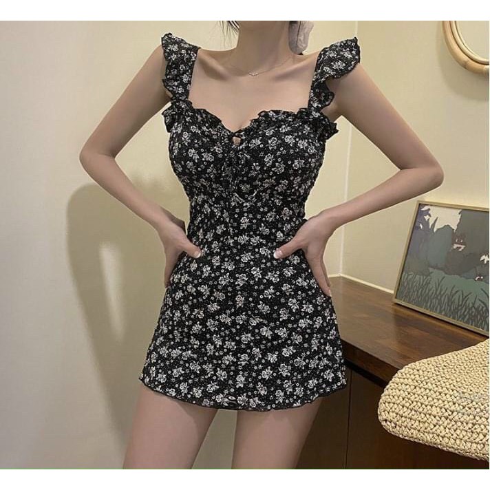 Bikini liền mảnh váy xòe họa tiết hoa nhí màu đen dễ thương