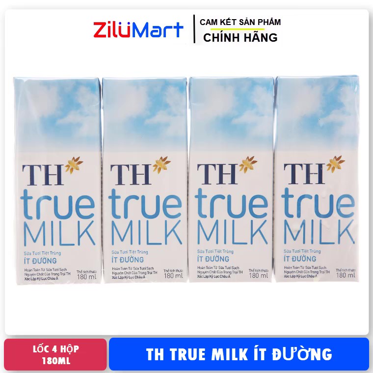 Sữa tươi tiệt trùng ít đường TH true milk (lốc 4 hộp) loại 180ml