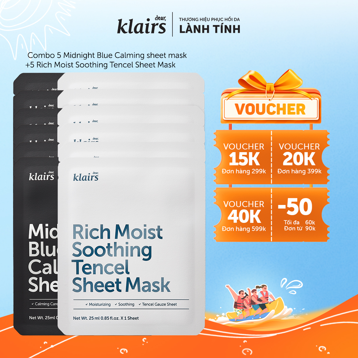 Combo 6 Dear, Klairs Mặt nạ giấy Midnight Blue Calming Sheet Mask 25ml + 6 Rich Moist Soothing Tencel Sheet Mask 25ml