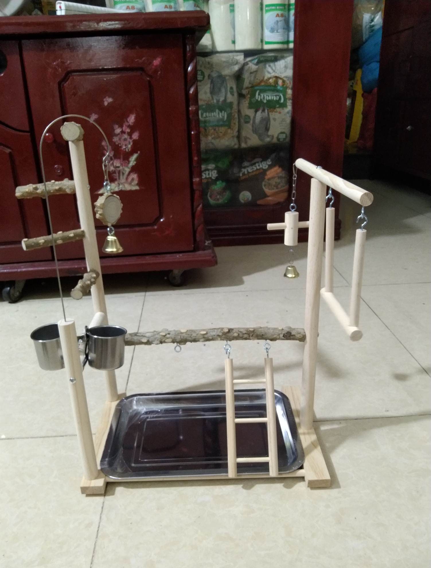 1 bộ cầu đứng thanh ngang gỗ gạo kết hợp thang, đồ chơi gỗ 35.549 cho các dòng chim, yến phụng và vẹt nhỏ, trung