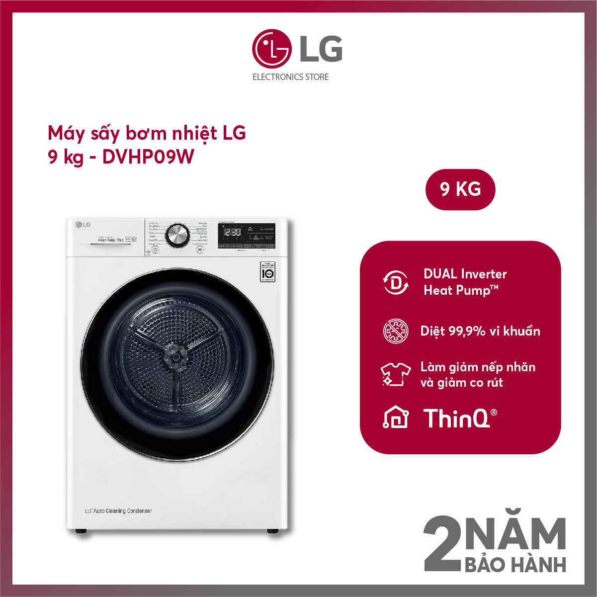 [FreeSHIP COD + Lắp Hà Nội] Máy sấy bơm nhiệt LG 9 kg DVHP09W