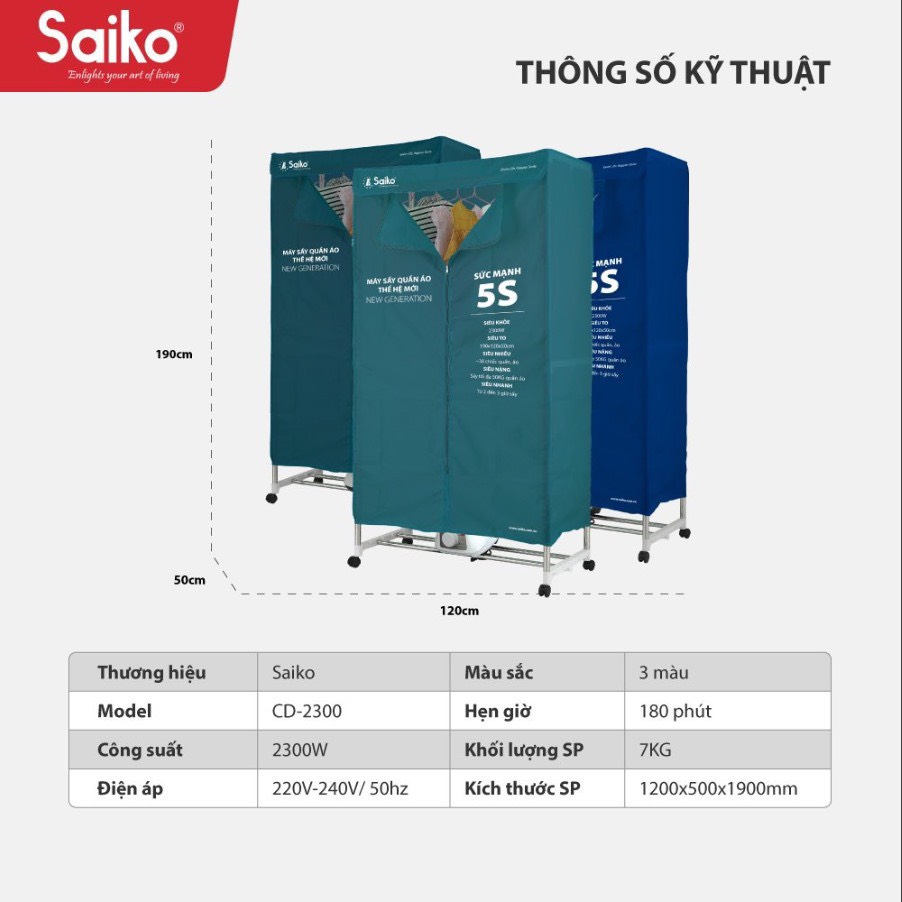 Tủ sấy quần áo Saiko CD-2300 2300W - 50KG
