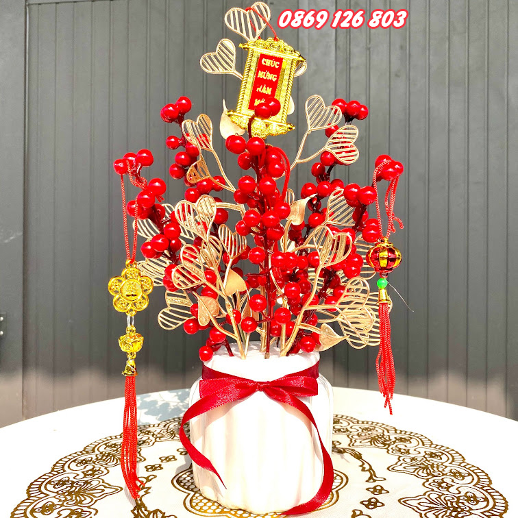(Cắm sẵn) Bình, lọ hoa đào Đông Đỏ May mắn Tài Lộc, Lọ quýt, chanh và cherry , sen (Cả set gồm bình+hoa)