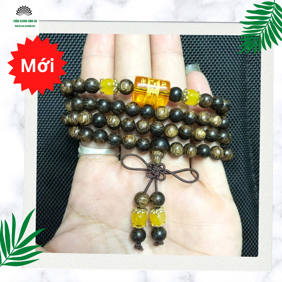 Vòng tay trầm hương sánh chìm 108 hạt - ngũ bảo trợ mệnh - chuỗi tràng hạt 108 mix omani màu vàng theo mệnh - trầm hương bình an - freeship