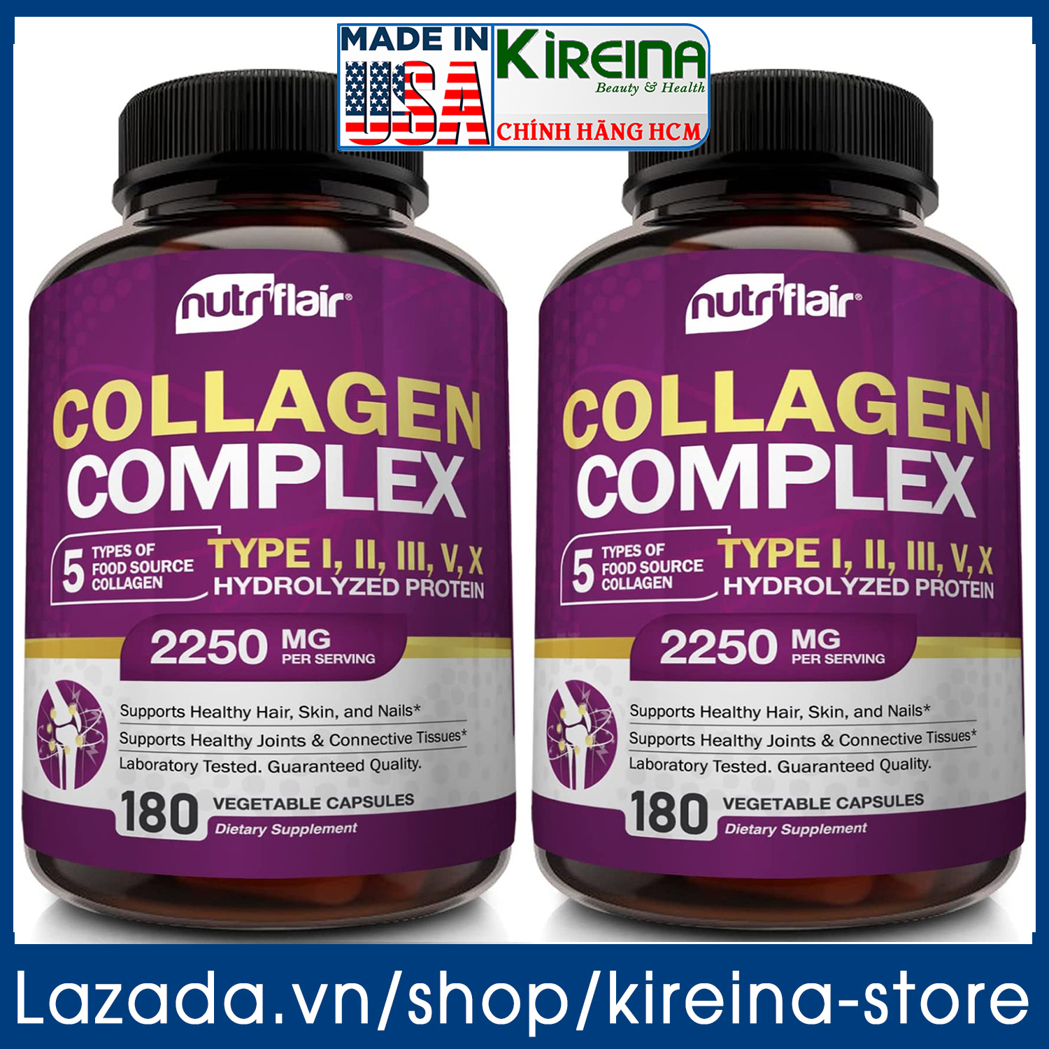 Bộ 2 hộp viên uống Collagen tổng hợp loại 1 2 3 5 10 trẻ hóa toàn diện làn da và cơ thể 180 viên (2250 mg)