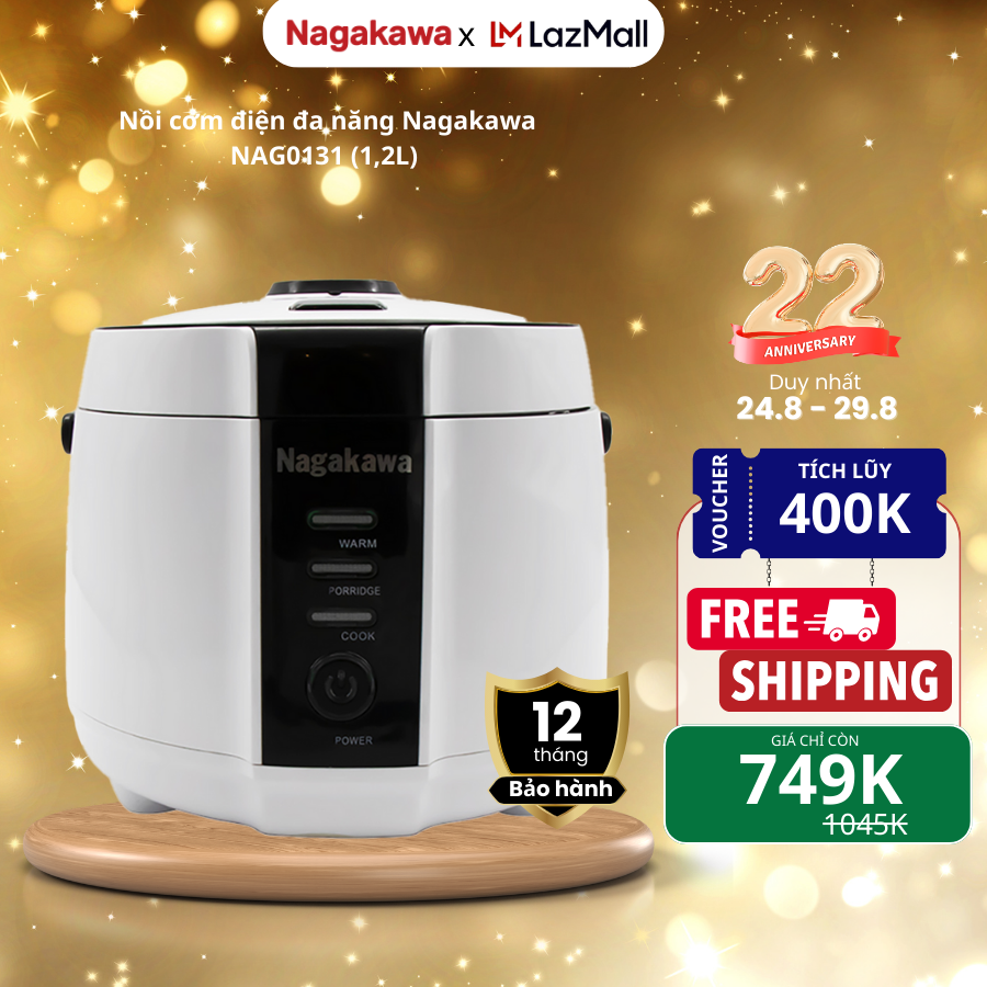 Nồi cơm điện Nagakawa NAG0131, dung tích 1.2L, lòng nồi bằng nhôm nguyên chất phủ đa lớp chống dính an toàn cho sức khỏe, quai xách tiện dụng
