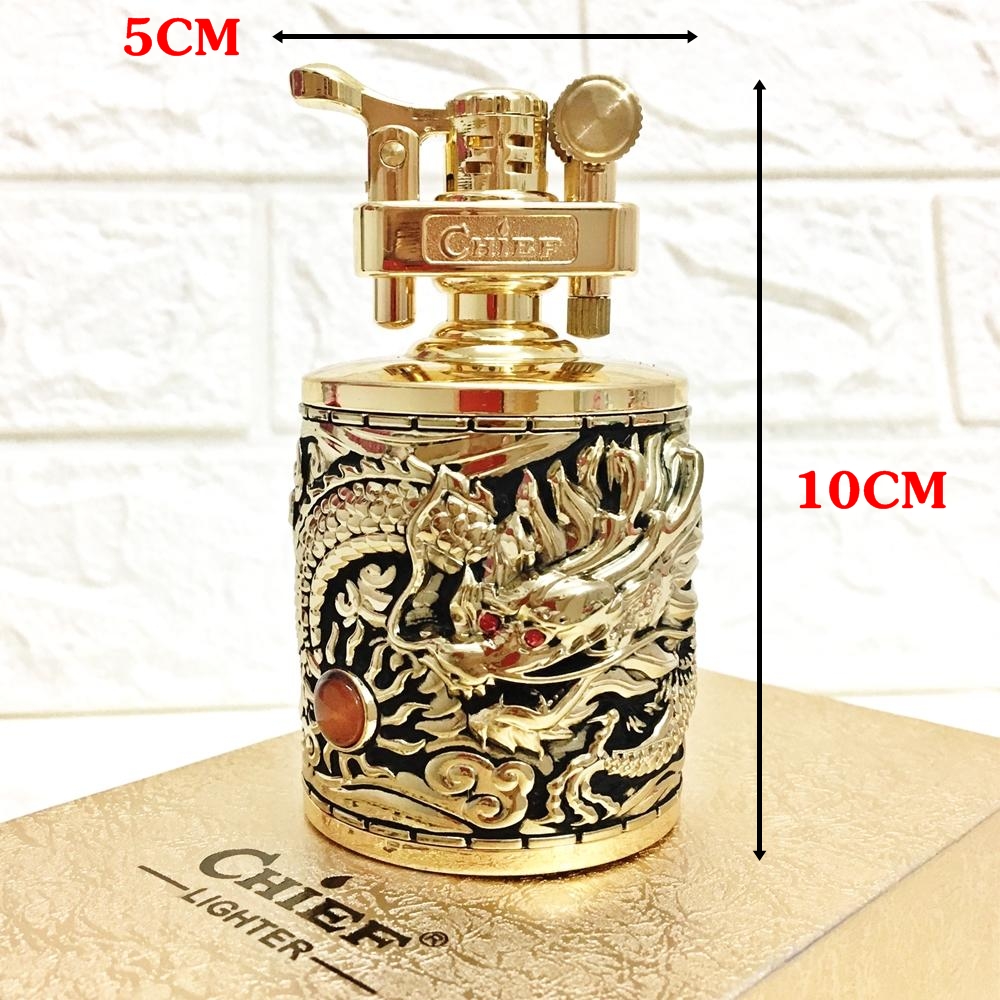Bật lửa chief xăng đá hình trụ lớn cf206 "họa tiết rồng cẩn ngọc" - #vàng