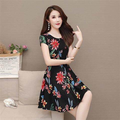 Đầm hoa tay ngắn chất liệu sợi viscose ôm eo thời trang mùa hè cho nữ trung niên - INTL