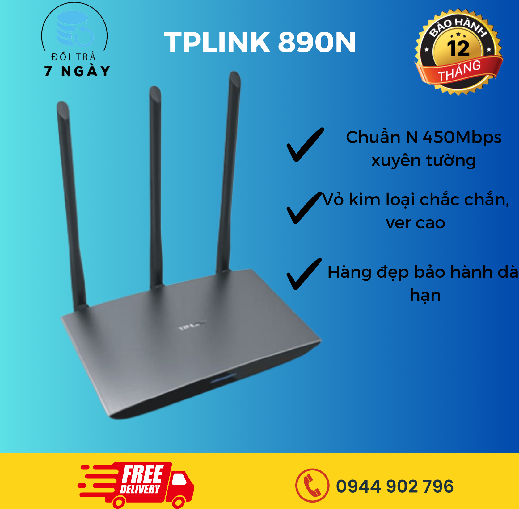 [BẢO HÀNH 12T] Modem Wifi - Bộ Phát Wifi 3 râu TPLink 890N 886N tốc độ 450 Mbps sóng xuyên tường phát sóng khỏe, Cục phát wifi, Cục kích wifi không dây giá rẻ - Bảo Hành 6 Tháng